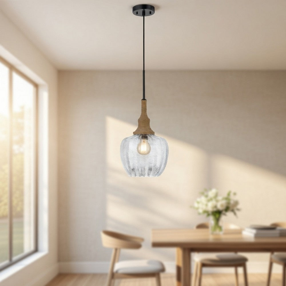 Pendant Light, Leaf Pattern Glass Shade, Burlap Rope Accent, Black Metal - BM351685