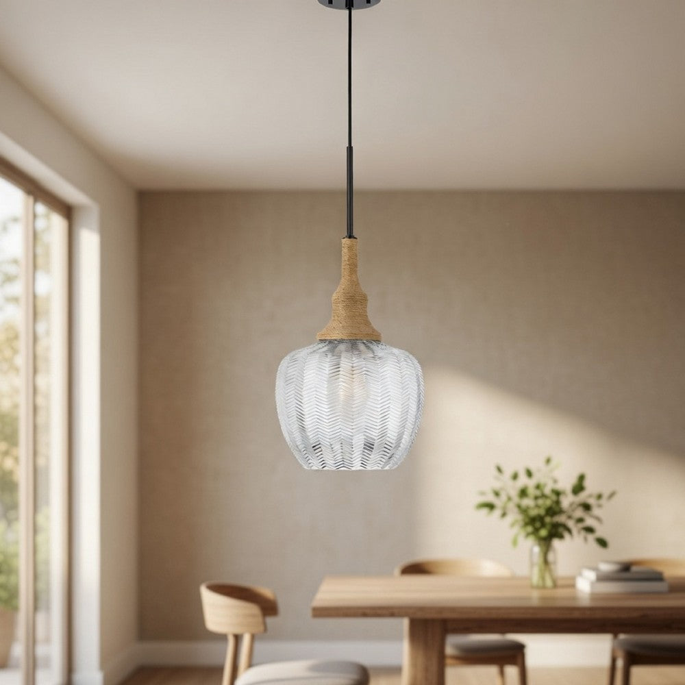 Pendant Light, Leaf Pattern Glass Shade, Burlap Rope Accent, Black Metal - BM351685