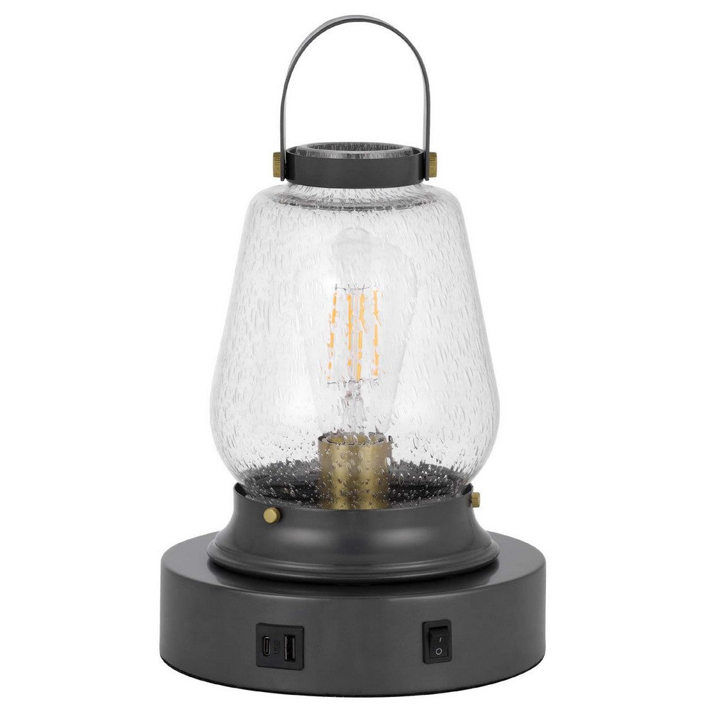 Jerry Lantern Table Lamp, Bubble Glass Shade, USB Ports, Dark Bronze - BM351686