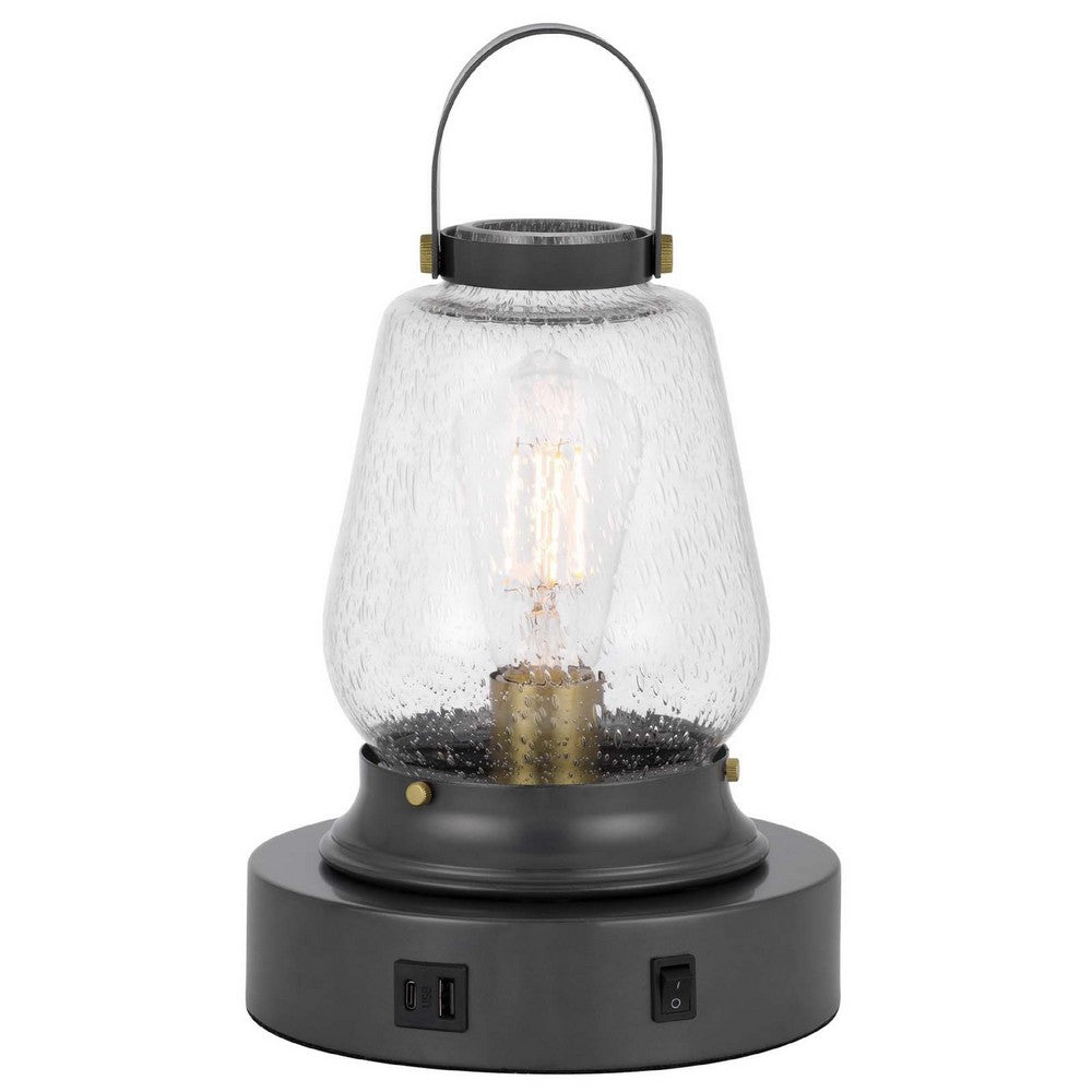 Jerry Lantern Table Lamp, Bubble Glass Shade, USB Ports, Dark Bronze - BM351686