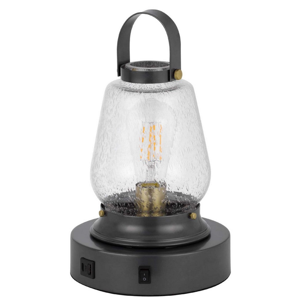 Jerry Lantern Table Lamp, Bubble Glass Shade, USB Ports, Dark Bronze - BM351686