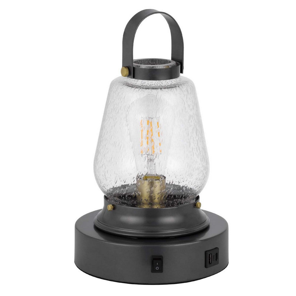 Jerry Lantern Table Lamp, Bubble Glass Shade, USB Ports, Dark Bronze - BM351686