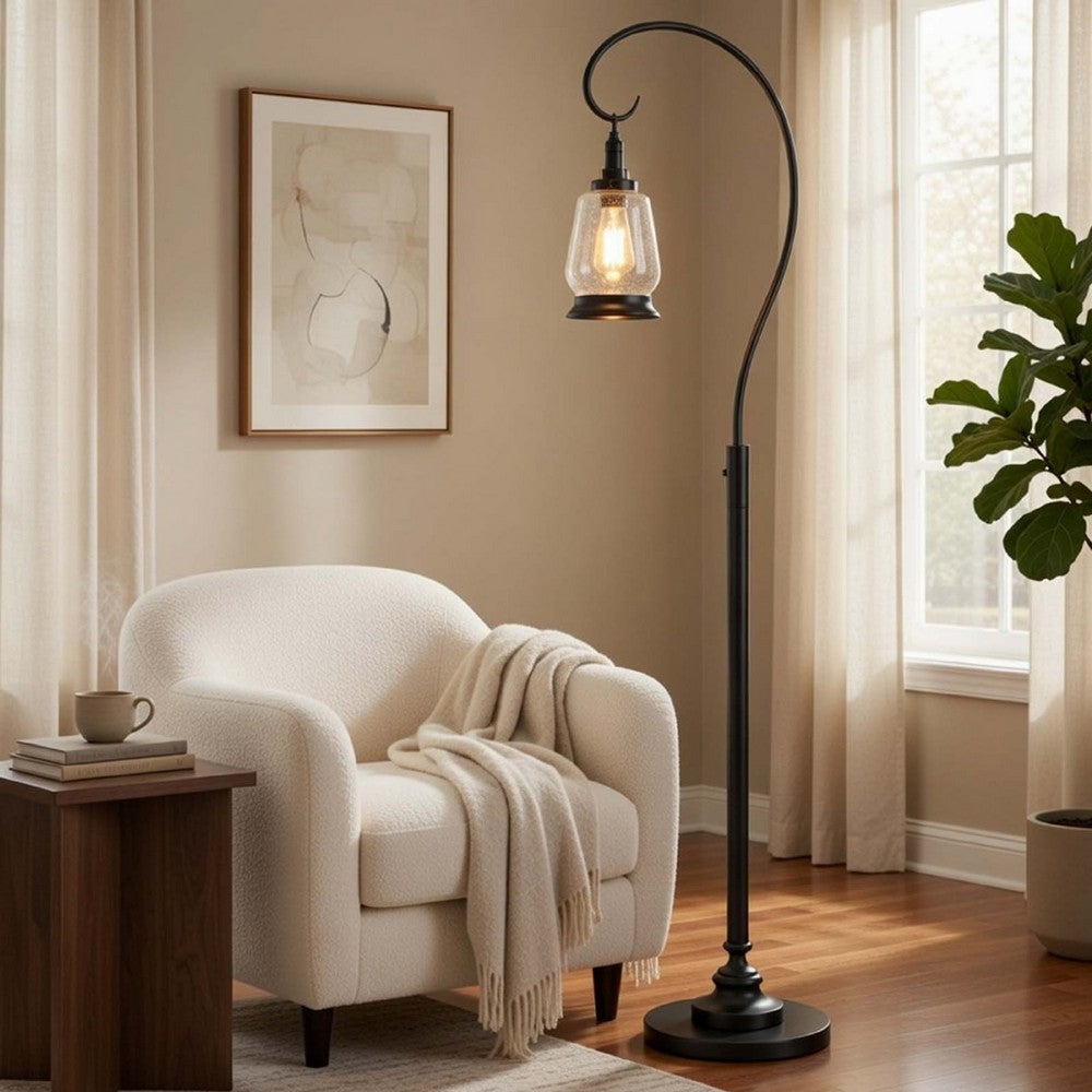 Jerry Classic Lantern Floor Lamp, Bubble Glass Shade, Dark Bronze Metal - BM351687