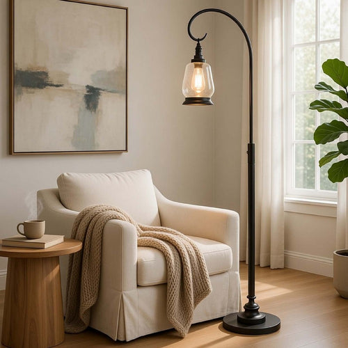 Jerry Classic Lantern Floor Lamp, Bubble Glass Shade, Dark Bronze Metal - BM351687