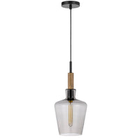 Pendant Light, Round Smoked Glass Shade, Brown Wood Accent, Black Metal - BM351688