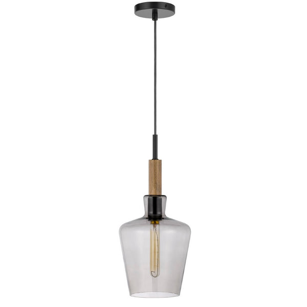 Pendant Light, Round Smoked Glass Shade, Brown Wood Accent, Black Metal - BM351688