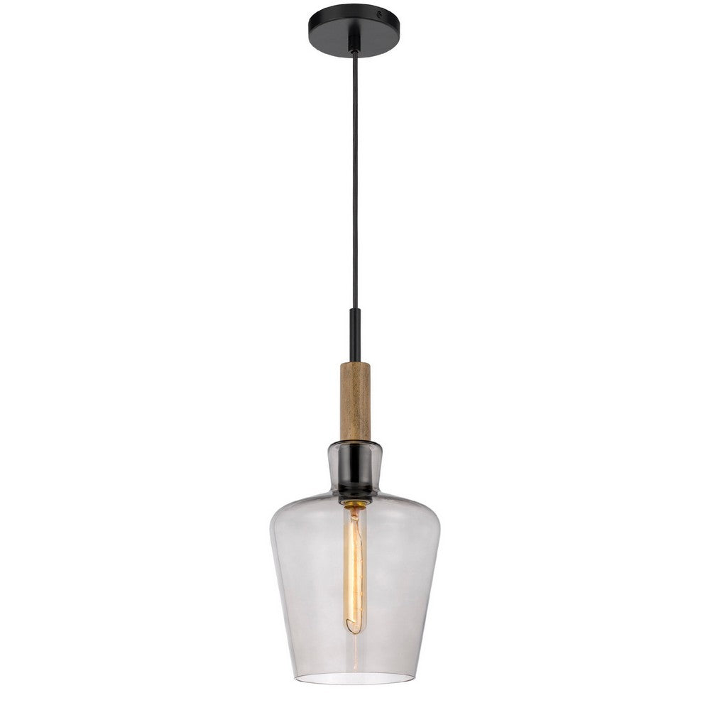 Pendant Light, Round Smoked Glass Shade, Brown Wood Accent, Black Metal - BM351688