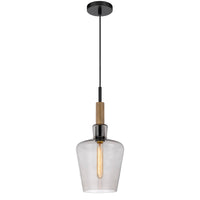 Pendant Light, Round Smoked Glass Shade, Brown Wood Accent, Black Metal - BM351688