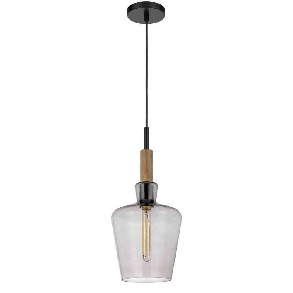 Pendant Light, Round Smoked Glass Shade, Brown Wood Accent, Black Metal - BM351688