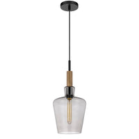 Pendant Light, Round Smoked Glass Shade, Brown Wood Accent, Black Metal - BM351688