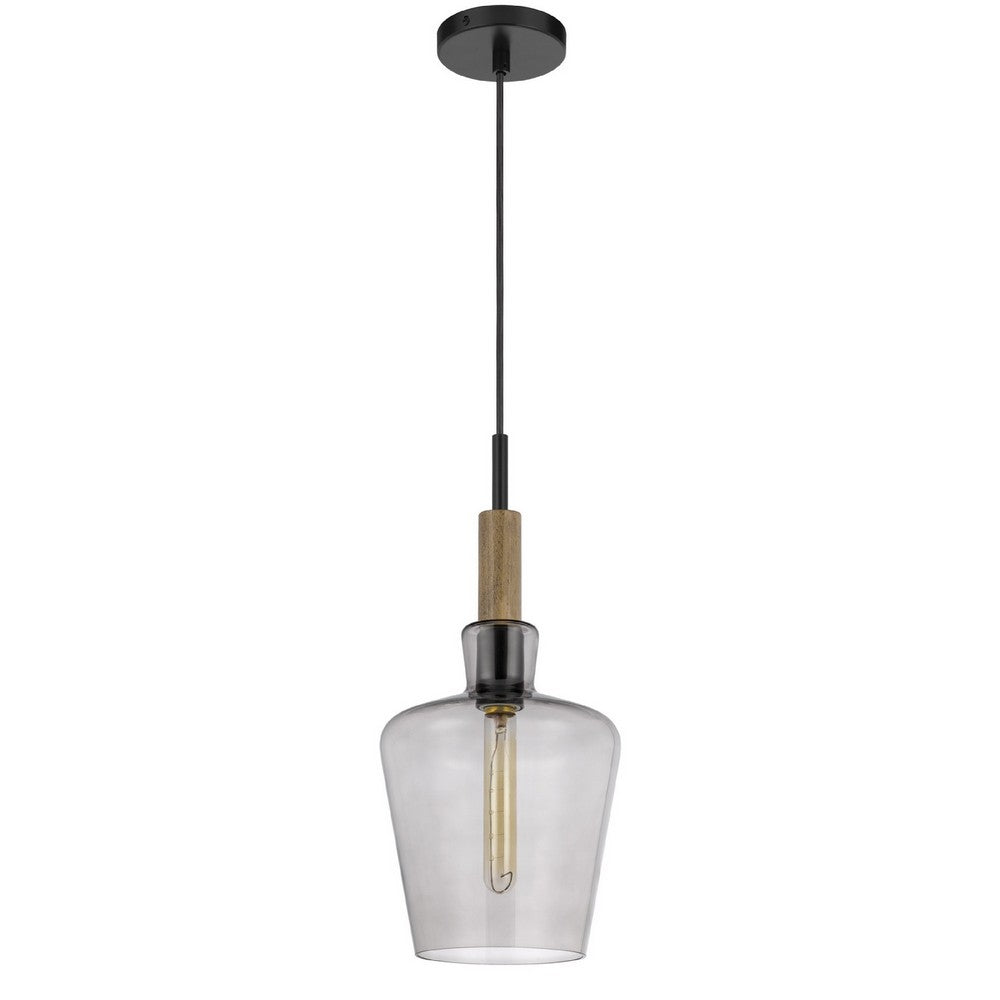 Pendant Light, Round Smoked Glass Shade, Brown Wood Accent, Black Metal - BM351688