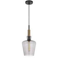 Pendant Light, Round Smoked Glass Shade, Brown Wood Accent, Black Metal - BM351688