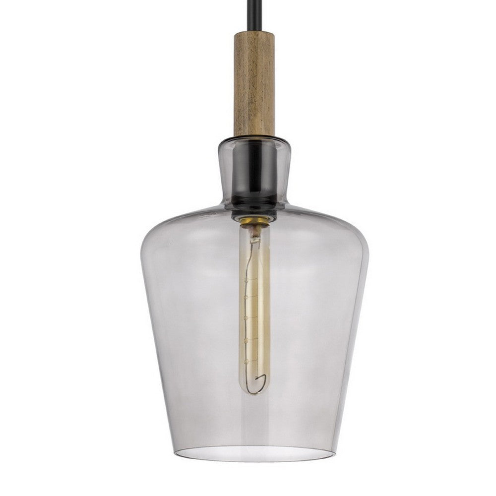 Pendant Light, Round Smoked Glass Shade, Brown Wood Accent, Black Metal - BM351688