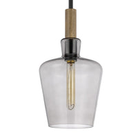Pendant Light, Round Smoked Glass Shade, Brown Wood Accent, Black Metal - BM351688