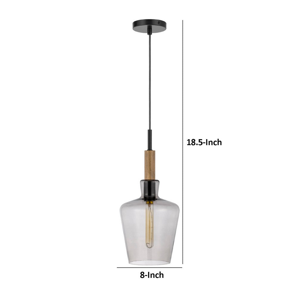 Pendant Light, Round Smoked Glass Shade, Brown Wood Accent, Black Metal - BM351688