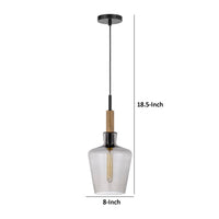 Pendant Light, Round Smoked Glass Shade, Brown Wood Accent, Black Metal - BM351688