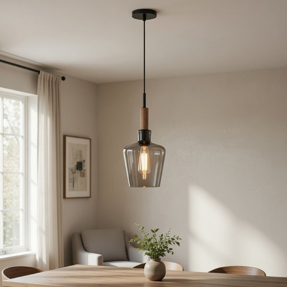 Pendant Light, Round Smoked Glass Shade, Brown Wood Accent, Black Metal - BM351688