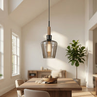 Pendant Light, Round Smoked Glass Shade, Brown Wood Accent, Black Metal - BM351688