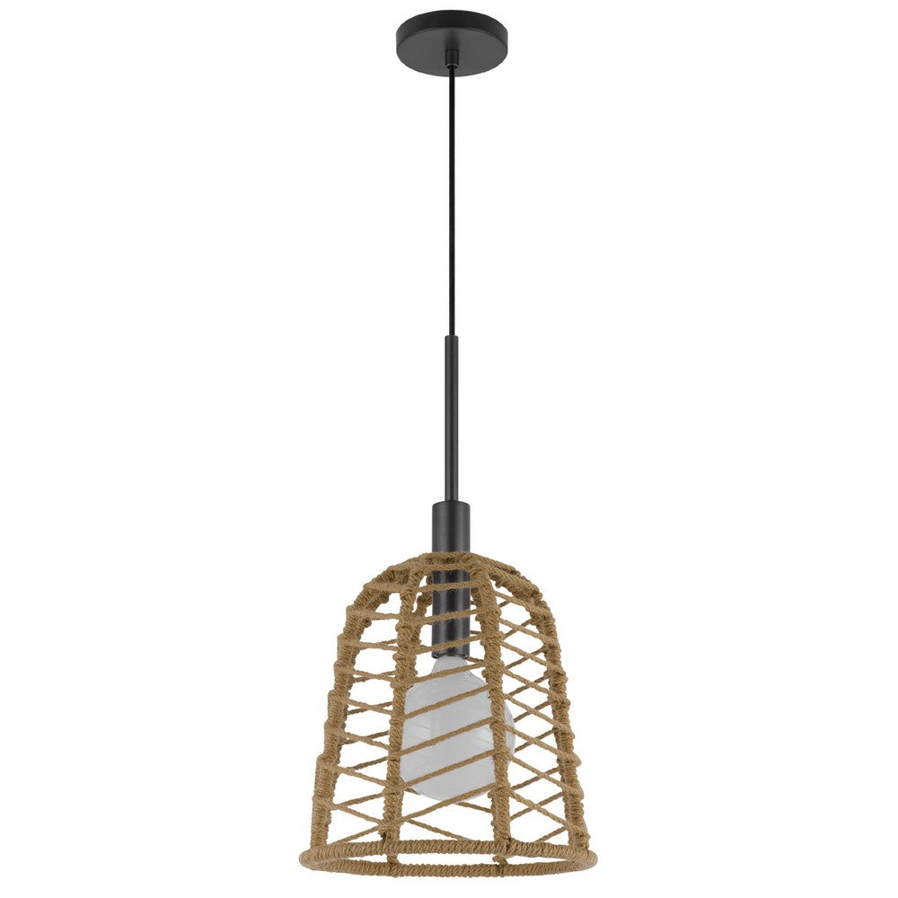 Pendant Light, Bell Style Caged Body with Braided Burlap Rope, Black Metal - BM351689