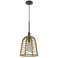 Pendant Light, Bell Style Caged Body with Braided Burlap Rope, Black Metal - BM351689