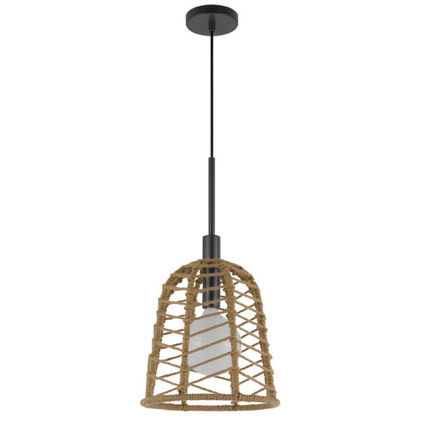 Pendant Light, Bell Style Caged Body with Braided Burlap Rope, Black Metal - BM351689