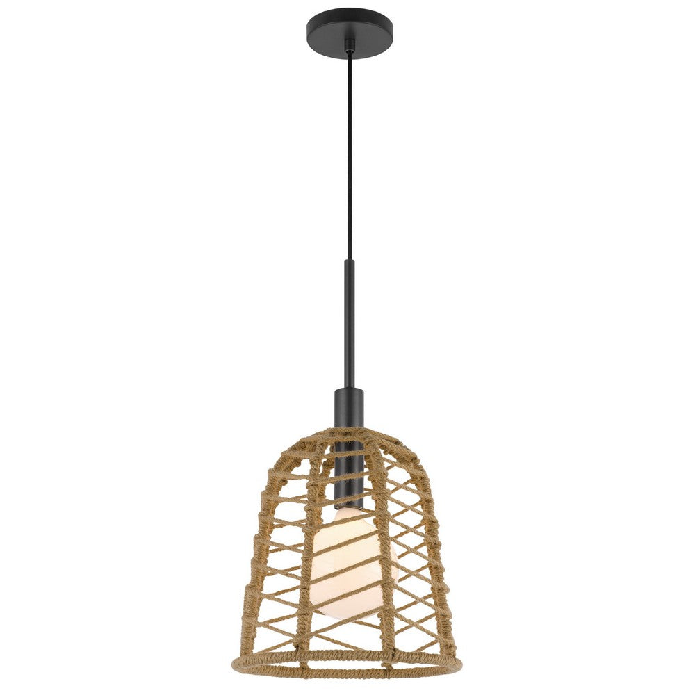 Pendant Light, Bell Style Caged Body with Braided Burlap Rope, Black Metal - BM351689