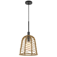 Pendant Light, Bell Style Caged Body with Braided Burlap Rope, Black Metal - BM351689