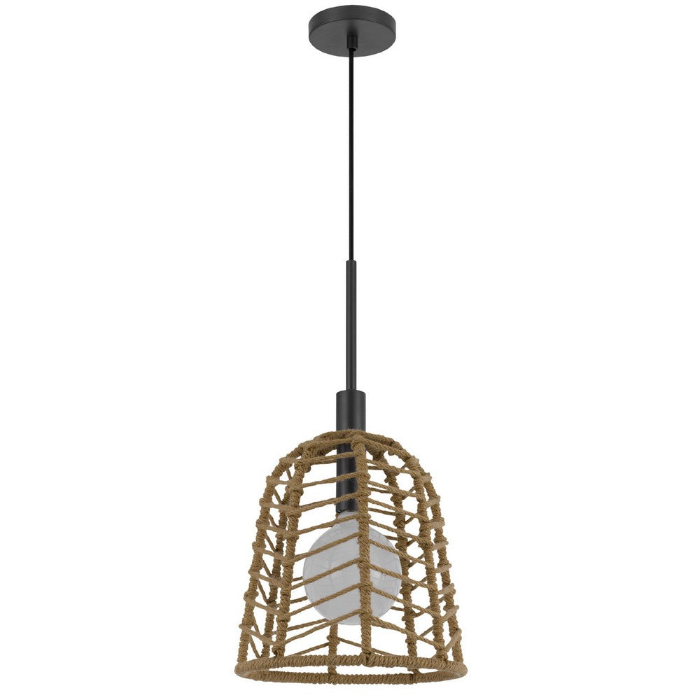 Pendant Light, Bell Style Caged Body with Braided Burlap Rope, Black Metal - BM351689