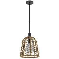 Pendant Light, Bell Style Caged Body with Braided Burlap Rope, Black Metal - BM351689