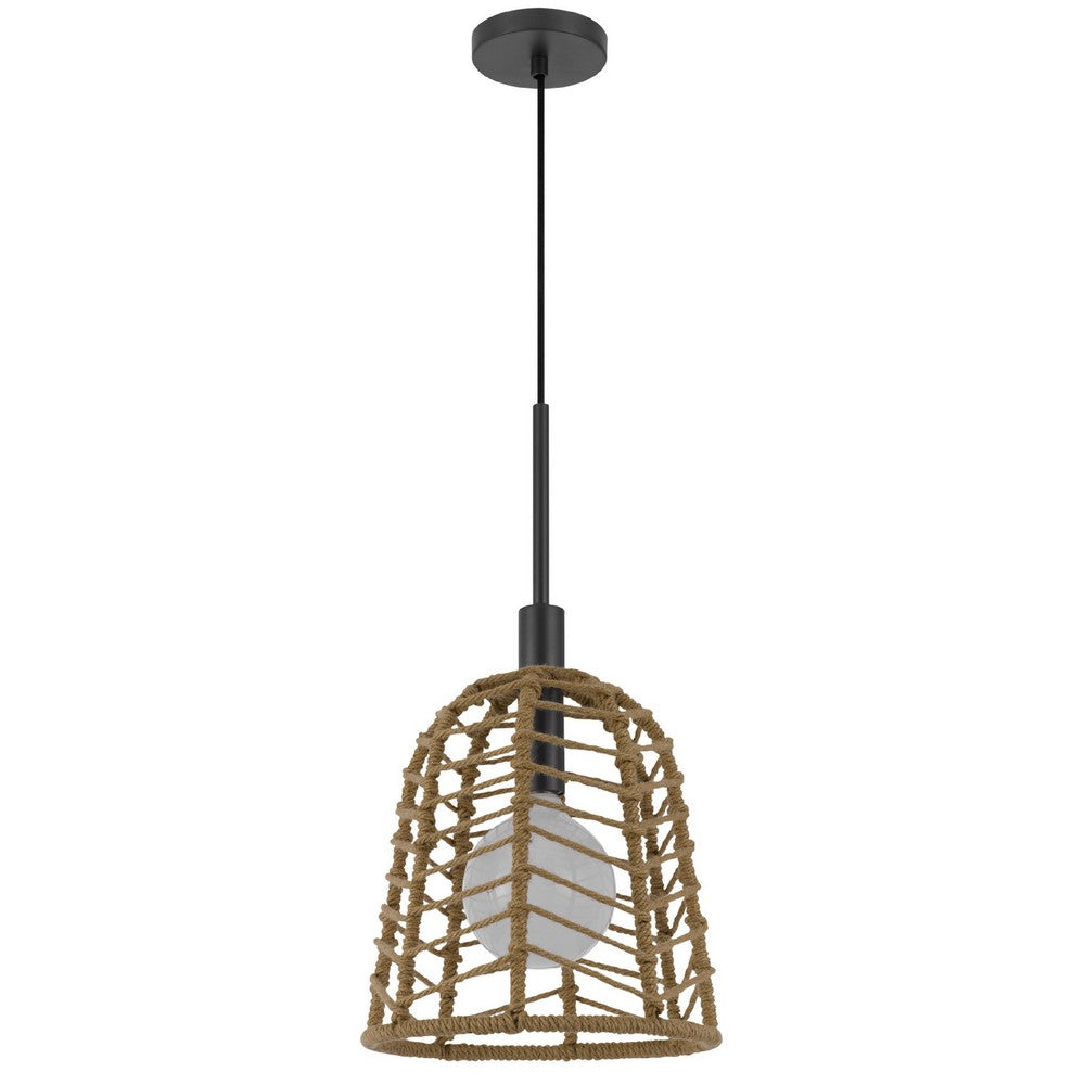 Pendant Light, Bell Style Caged Body with Braided Burlap Rope, Black Metal - BM351689