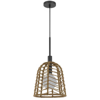 Pendant Light, Bell Style Caged Body with Braided Burlap Rope, Black Metal - BM351689