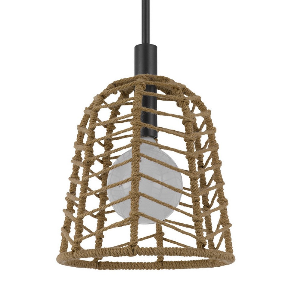 Pendant Light, Bell Style Caged Body with Braided Burlap Rope, Black Metal - BM351689