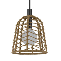 Pendant Light, Bell Style Caged Body with Braided Burlap Rope, Black Metal - BM351689
