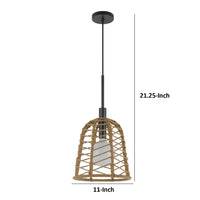 Pendant Light, Bell Style Caged Body with Braided Burlap Rope, Black Metal - BM351689