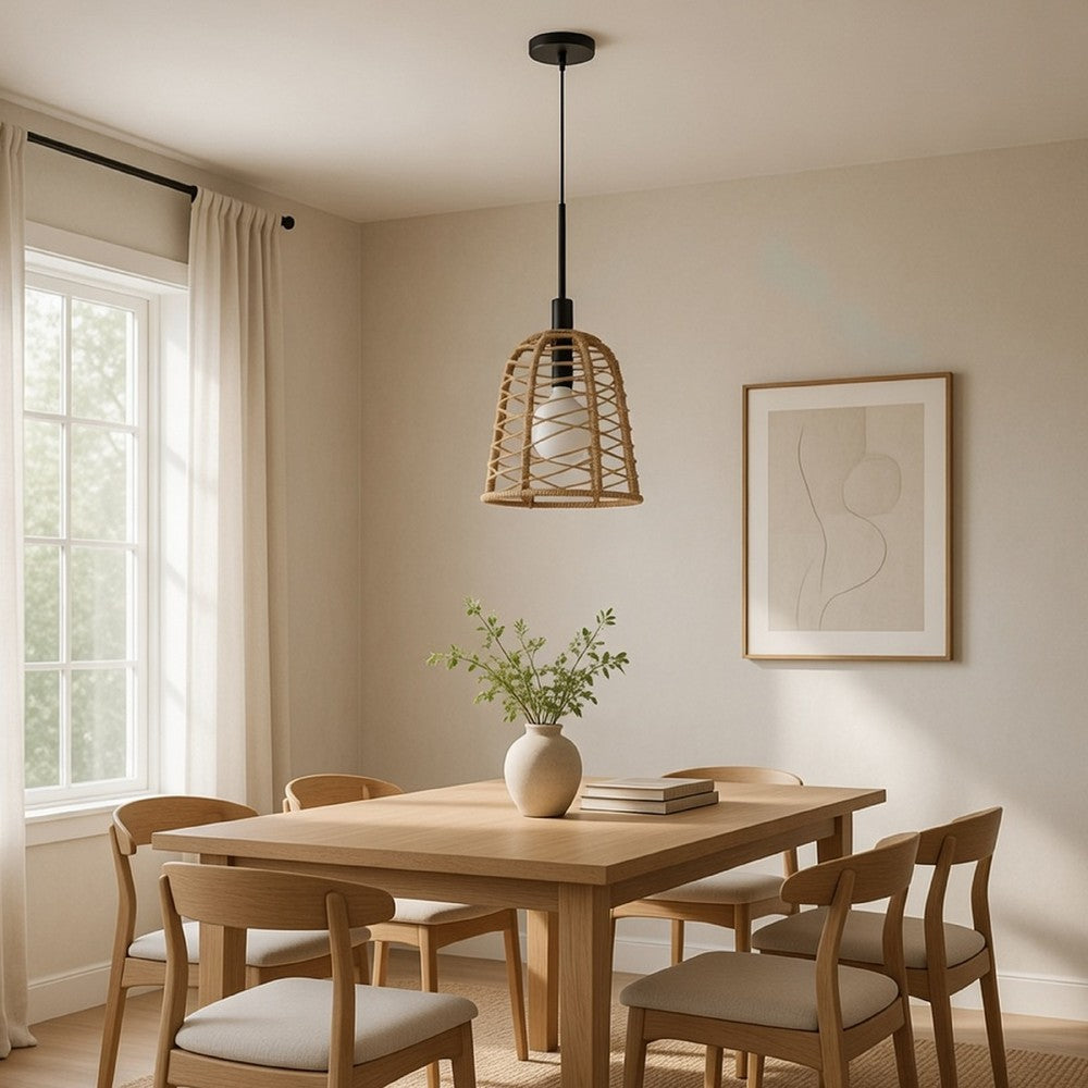 Pendant Light, Bell Style Caged Body with Braided Burlap Rope, Black Metal - BM351689