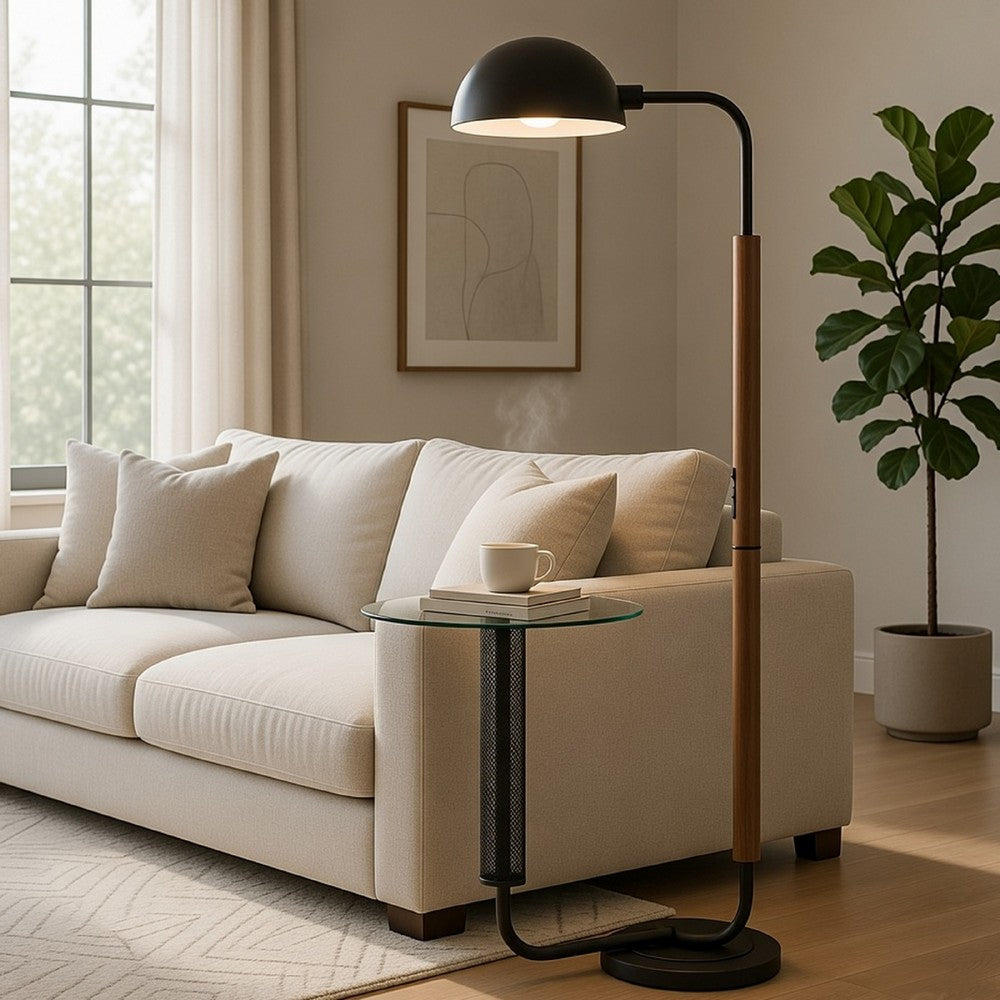 Floor Lamp with Round Glass Table, Modern Metal Dome Shade, Black 63 Inch - BM351690