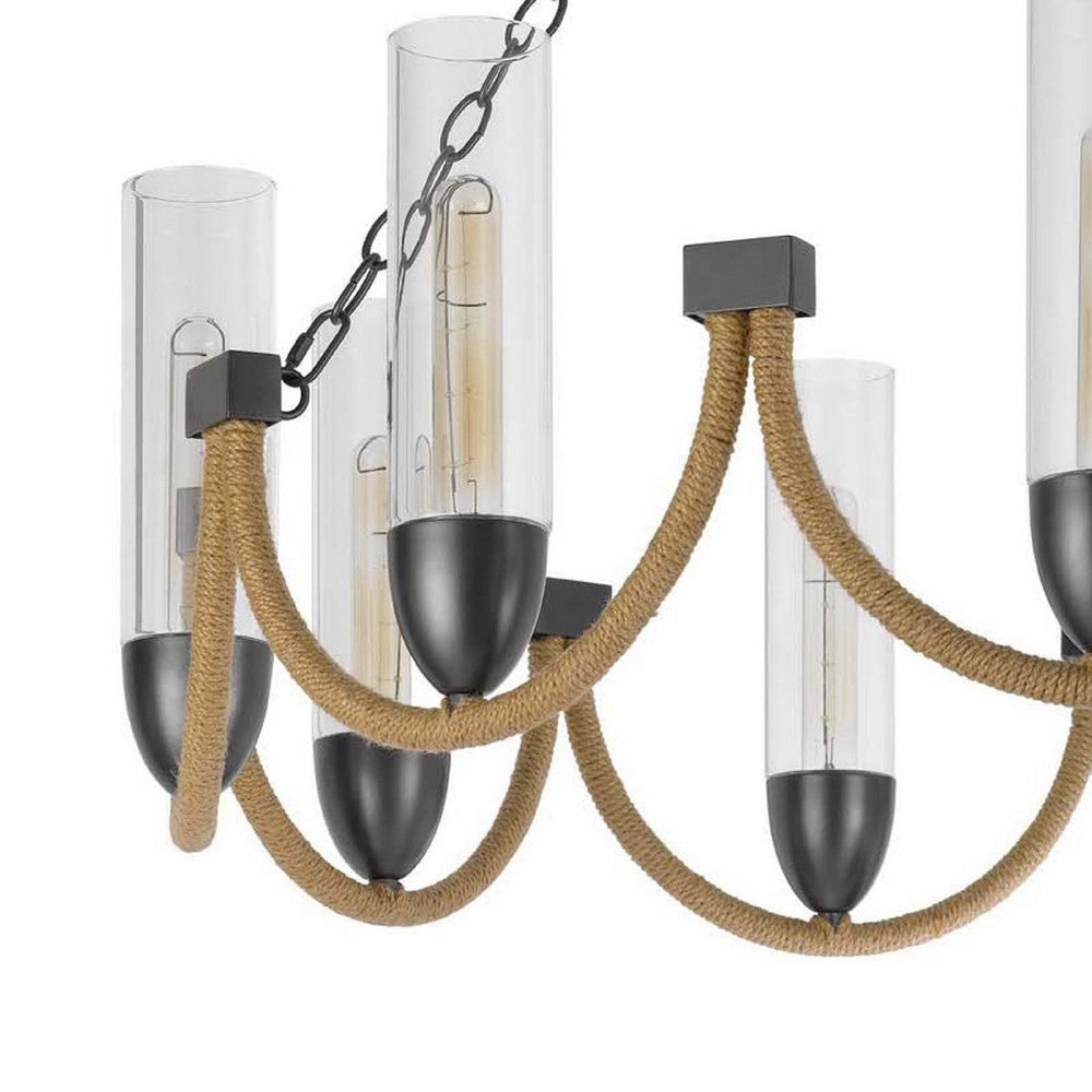 Arga 9 Light Chandelier, Glass Shade, Rope Arms, Bronze Metal 12 Inch - BM351692