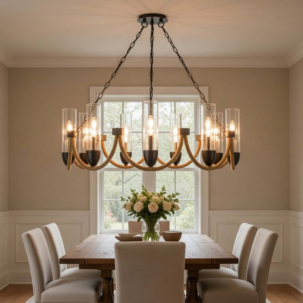 Arga 9 Light Chandelier, Glass Shade, Rope Arms, Bronze Metal 12 Inch - BM351692