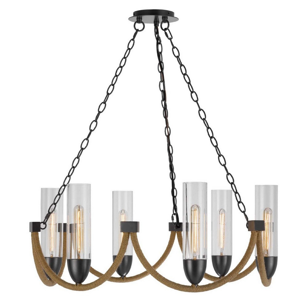 Arga 6 Light Chandelier, Glass Shade, Rope Arms, Bronze Metal 12 Inch - BM351693