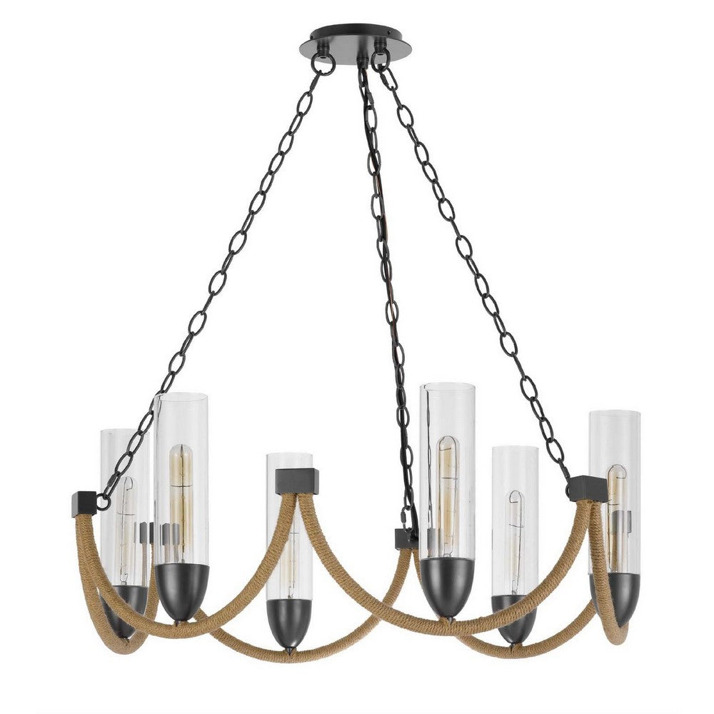 Arga 6 Light Chandelier, Glass Shade, Rope Arms, Bronze Metal 12 Inch - BM351693