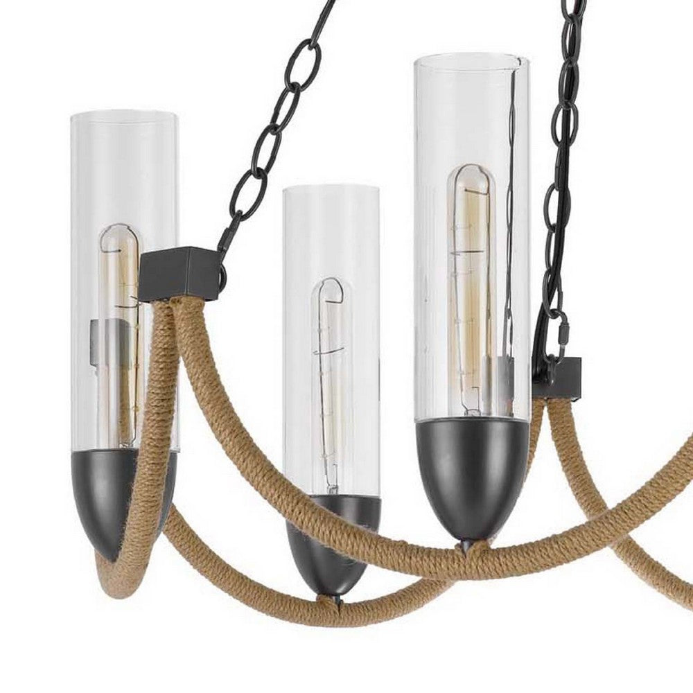 Arga 6 Light Chandelier, Glass Shade, Rope Arms, Bronze Metal 12 Inch - BM351693
