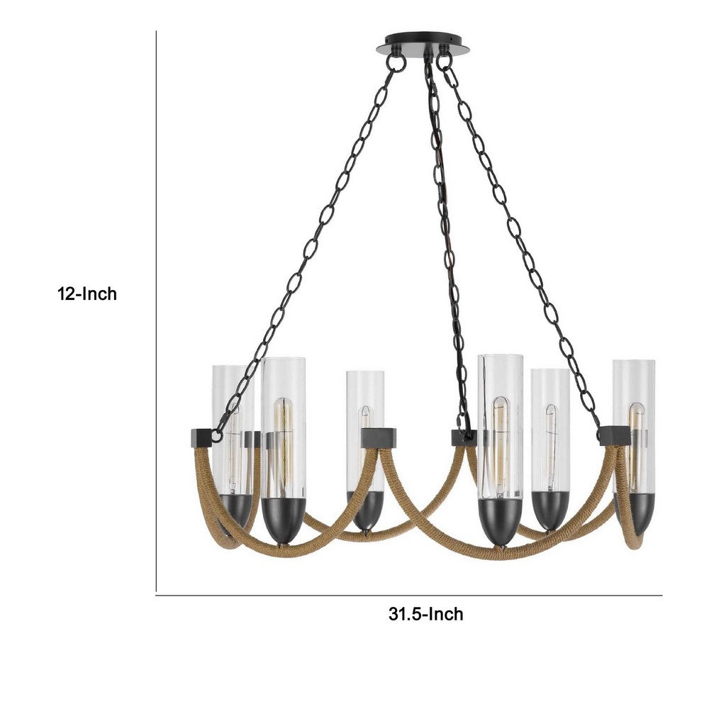 Arga 6 Light Chandelier, Glass Shade, Rope Arms, Bronze Metal 12 Inch - BM351693