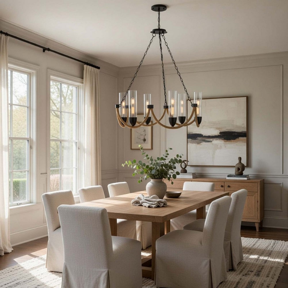 Arga 6 Light Chandelier, Glass Shade, Rope Arms, Bronze Metal 12 Inch - BM351693