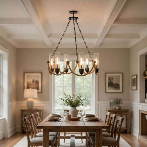 Arga 6 Light Chandelier, Glass Shade, Rope Arms, Bronze Metal 12 Inch - BM351693