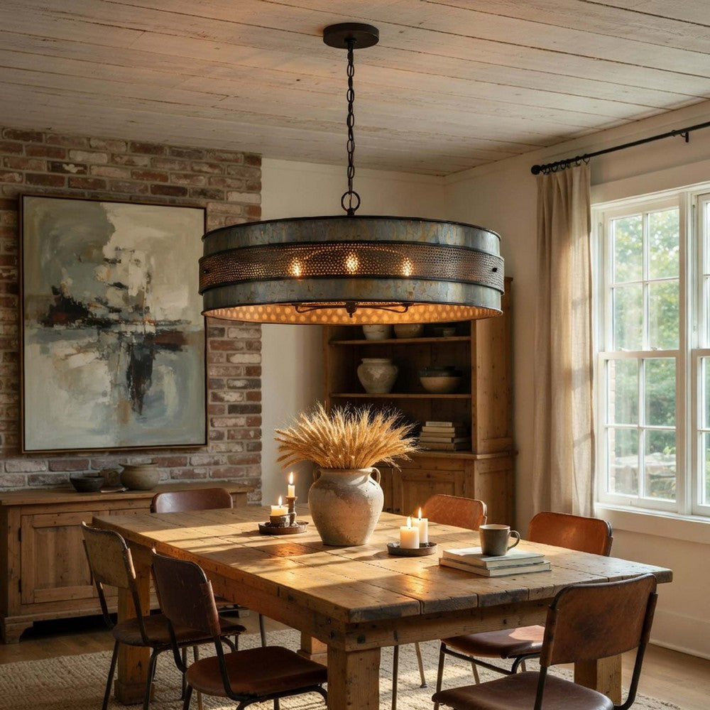 5 Light Chandelier, Drum Shade with Rustic Aged Bronze Mesh Band, 30 Inch - BM351694