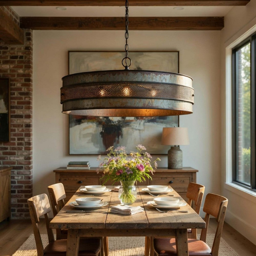 5 Light Chandelier, Drum Shade with Rustic Aged Bronze Mesh Band, 30 Inch - BM351694