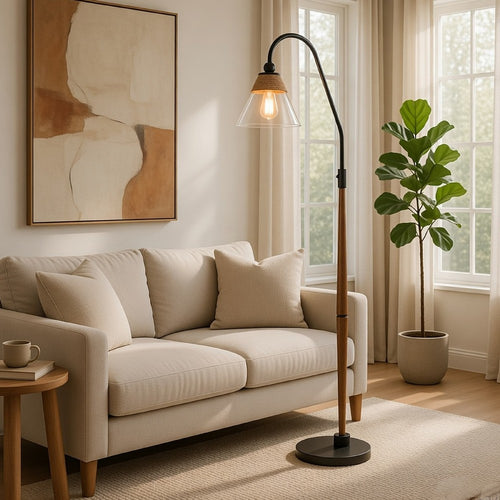 Floor Lamp, Bubble Glass Shade, Rope Accents Industrial Wood, Black 71 Inch - BM351695