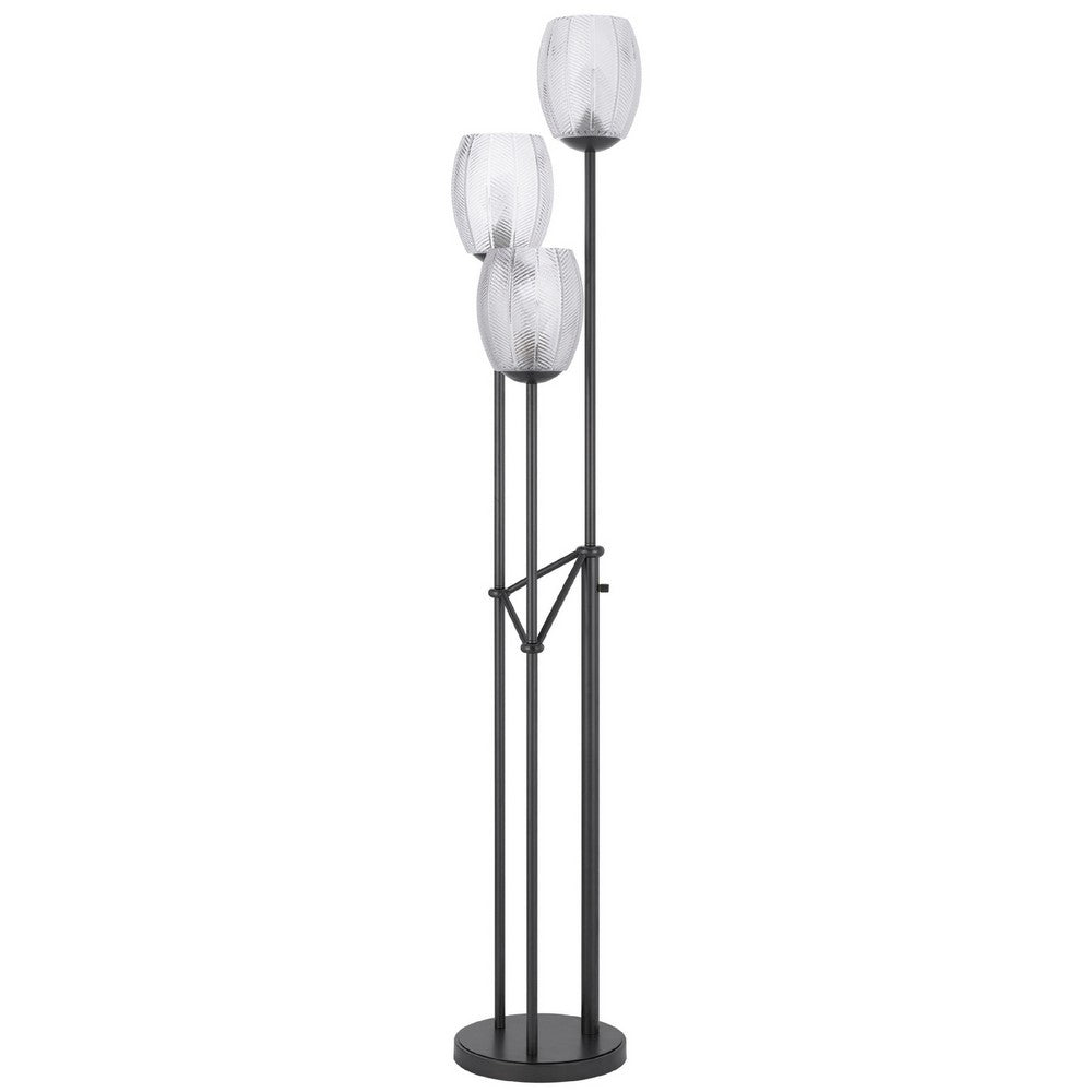3 Light Torchiere Floor Lamp, Leaf Design Glass Shade, Black Metal 71 Inch - BM351696