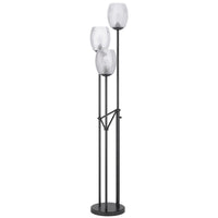 3 Light Torchiere Floor Lamp, Leaf Design Glass Shade, Black Metal 71 Inch - BM351696