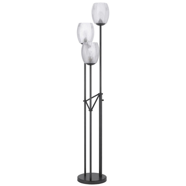 3 Light Torchiere Floor Lamp, Leaf Design Glass Shade, Black Metal 71 Inch - BM351696